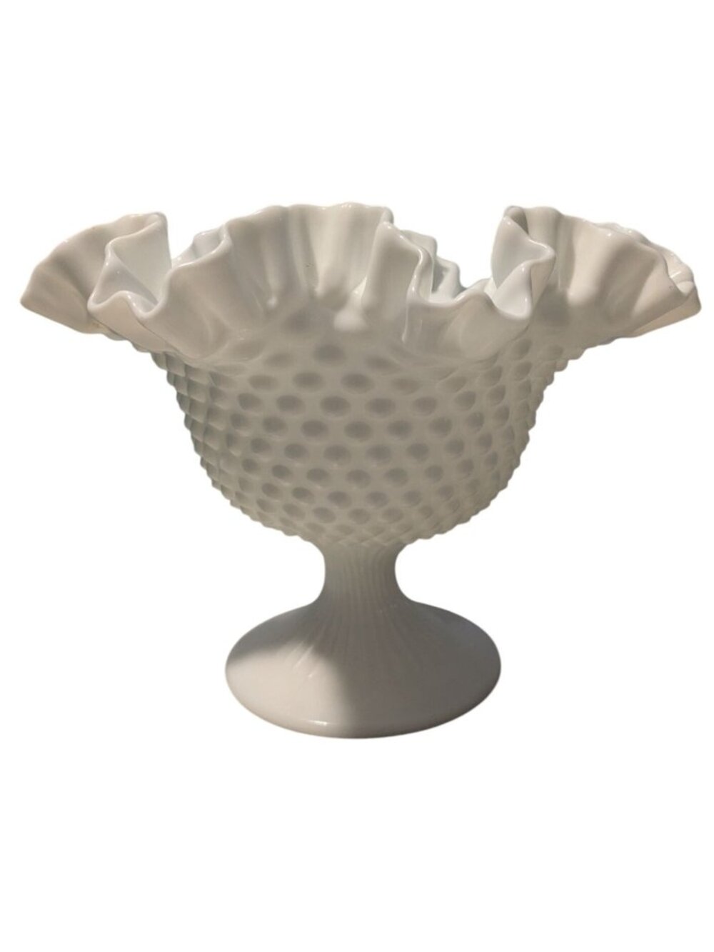 White Glass Hobnail Pedestal Bowl Ruffled Edge Perfect Décor